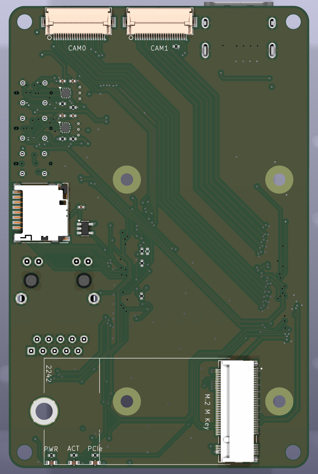 Bottom side. Both camera FPC connectors along the back edge, microSD on the left, and the M.2 2242 socket across the front with its PWR / ACT / PCIe LEDs.