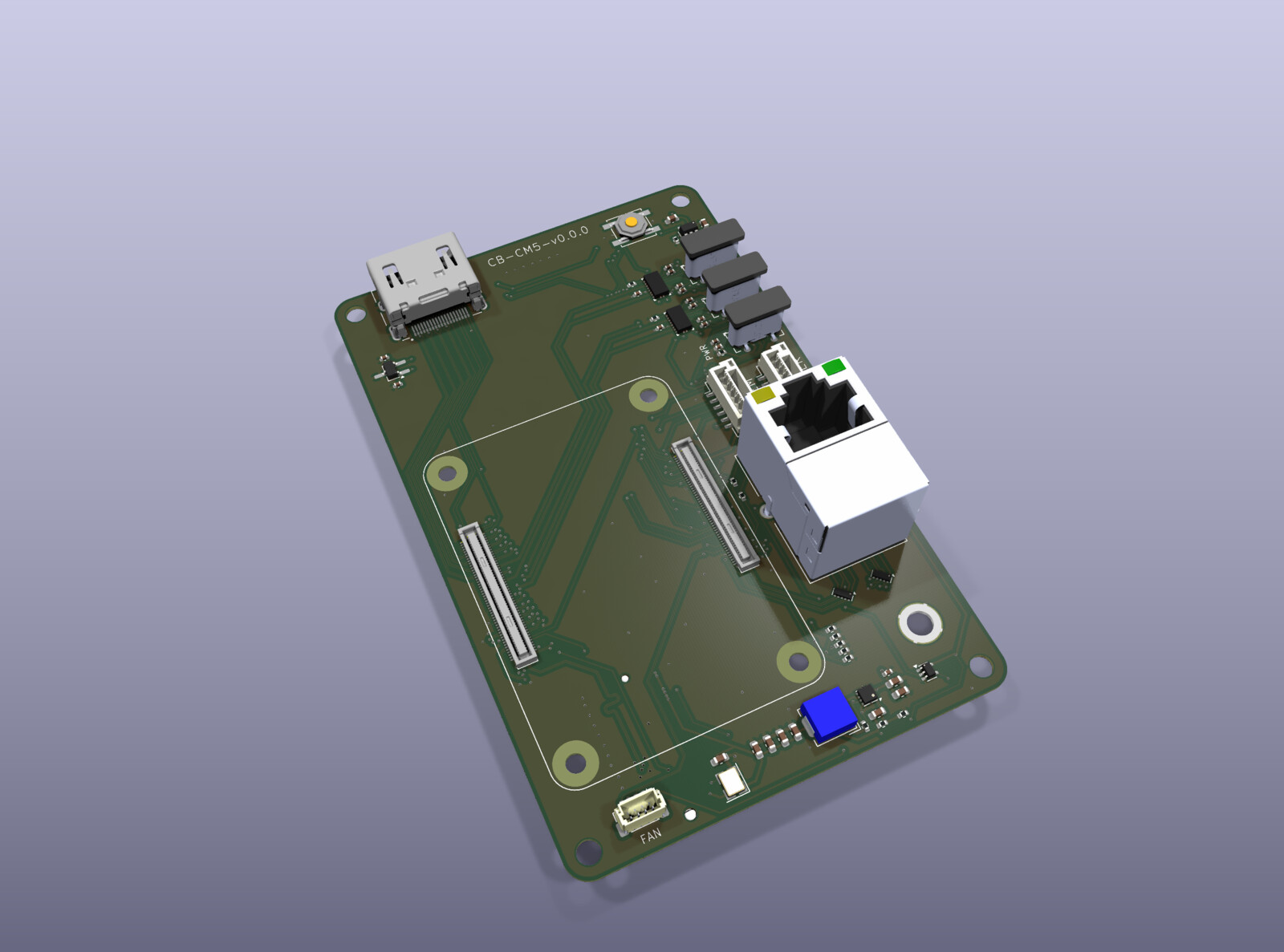 The assembled board, top side. HDMI at the back edge, three USB-C ports and the RJ45 magjack down the right, the CM5 footprint outlined in silkscreen across the middle.